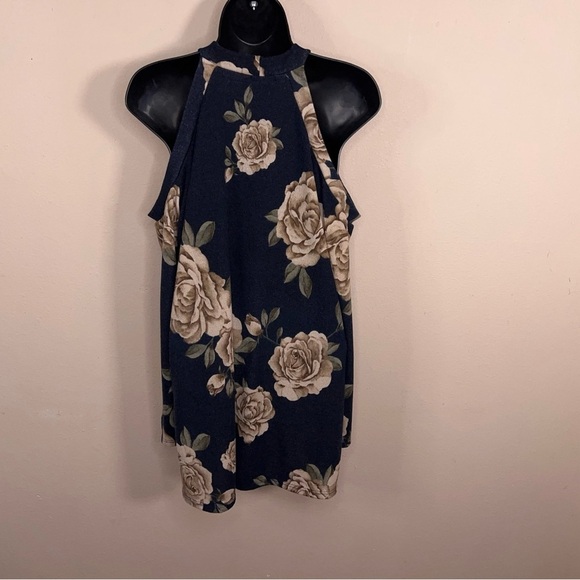 Large 143 Story Navy Blue Floral Knit Cold Shoulder Top Stretch High Neckline - Picture 4 of 12